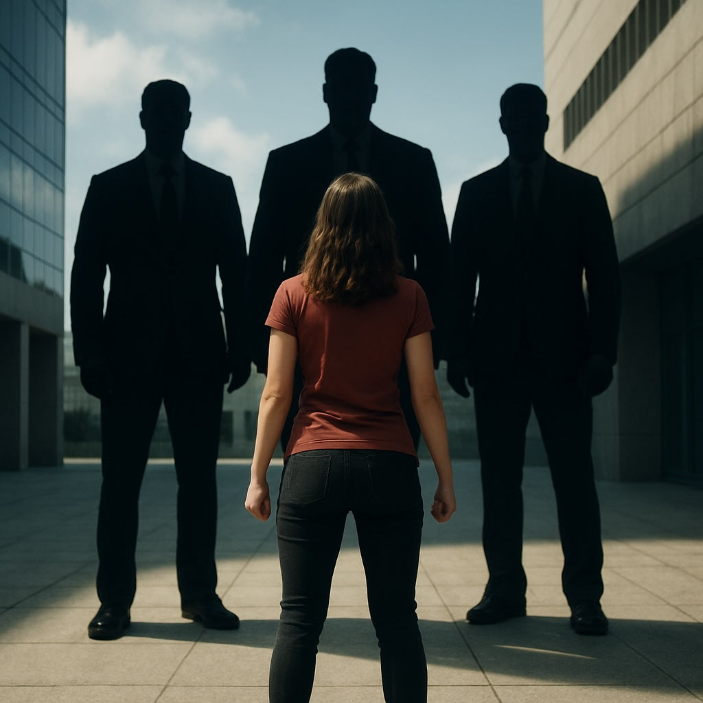 one female standing in front of 3 male shadows
